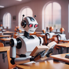 robot in the classroom, reading a book, machine learning concept, generative ai