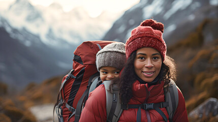 African American mother trekking with her son in Bariloche, Argentine Patagonia, touring South America, nomadic life, travelers in Latin America - obrazy, fototapety, plakaty