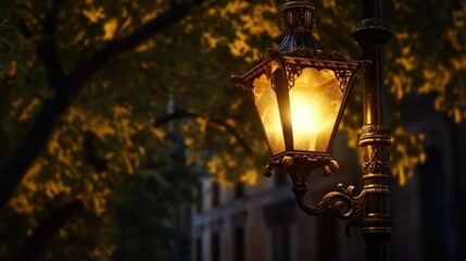 At night, an antique street lamp. streetlights that are brightly lighted at dusk. lamps for...