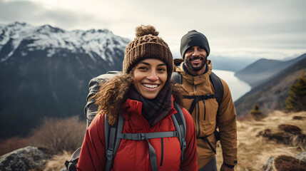 young African American couple trekking in Bariloche, Argentine Patagonia, touring South America, nomadic life, travelers in Latin America - obrazy, fototapety, plakaty