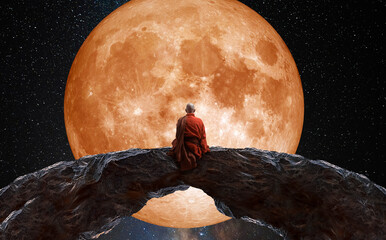 Monje budista observando la luna llena - obrazy, fototapety, plakaty