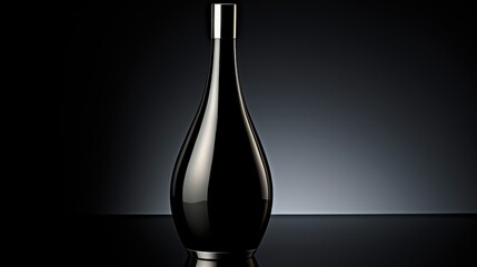 Sleek matte black bottle with modern design, slim silhouette, and flawless surface. Minimalistic label in metallic font adds touch of elegance. Hyper-realistic image with crisp edges and sharp focus