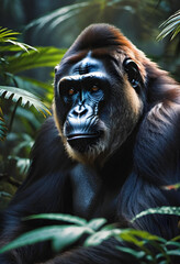 portrait of a male gorilla in a rain forest. generative ai