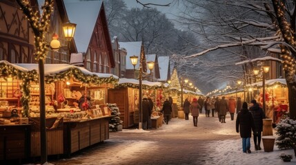 Snowy winter landscape with a charming Christmas market. Wooden stalls filled with festive treats, ornaments, and gifts. People enjoying the cozy atmosphere, sipping hot chocolate while browsing. - obrazy, fototapety, plakaty