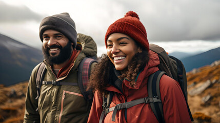 young African American couple trekking in Bariloche, Argentine Patagonia, touring South America, nomadic life, travelers in Latin America - obrazy, fototapety, plakaty