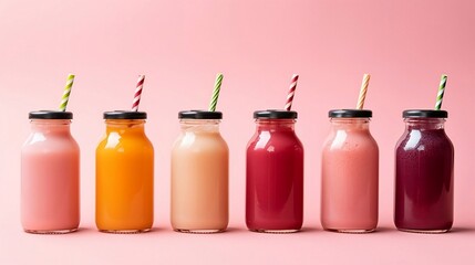 Bottles with tasty smoothies with straw on color background, closeup. Dry january