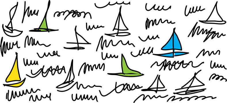 Set hand draw sailboat and waves, pattern isolated on white
