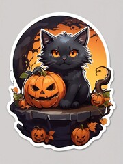 Cute clipart Halloween black cat with pumpkins for sticker. Сartoon cat art design t-shirt graphic Halloween theme. Happy Halloween Day