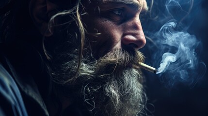 Close-up, moody, dimly lit image of a person smoking a cigarette. Deep shadows, desaturated blue-gray tones create a somber, introspective atmosphere - obrazy, fototapety, plakaty