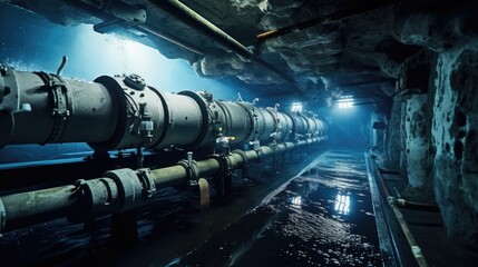 Naklejka premium Underwater shot of a water treatment system with submerged filtration and purification equipment