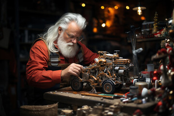 Fototapeta na wymiar Santa Claus in workshop makes toys for children for Christmas