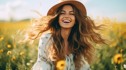 Fototapeta premium A person stands in a field of vibrant sunflowers, smiling with joy. The sunny outdoors and beautiful floral landscape create a cheerful and happy atmosphere