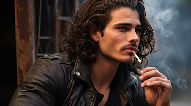 Rebellious young man in leather jacket, smoking a cigarette. Rugged appearance, intense gaze, and mesmerizing swirl of smoke. Edgy, attractive, and trendy.