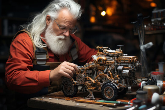 Santa Claus in workshop makes toys for children for Christmas
