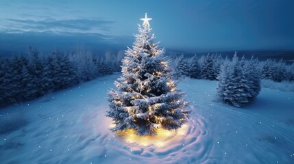 A serene, snowy landscape at night. A Christmas tree adorned with twinkling ornaments stands out in the wintry scene, illuminated by soft moonlight