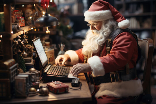 Santa Claus in workshop makes toys for children for Christmas