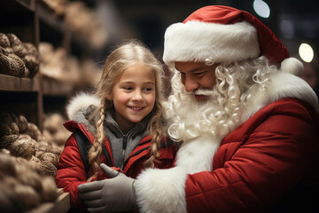 Santa Claus helps child choose gifts in shopping mall