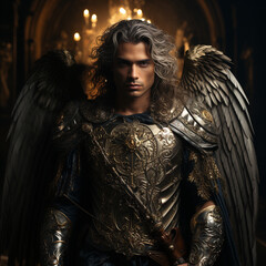 Saint Archangel Michael, with large white and golden wings, a powerful and strong body. AI Generative