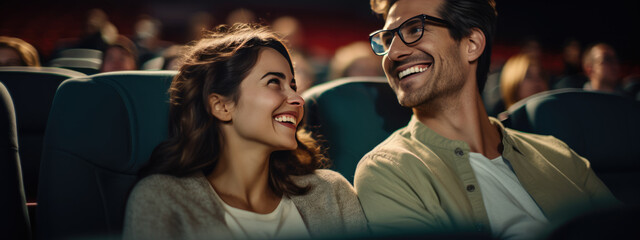 Happy couple sitting in a movie theater and watching a movie. - obrazy, fototapety, plakaty