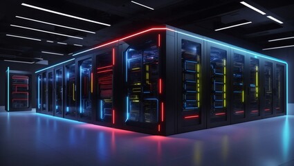 A sleek, modern digital fortress designed to protect your business from potential cyberattacks, with a long-term vision to ensure the data center can handle business evolution.