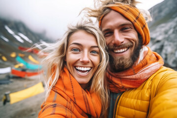 Happy smiling couple standing under the colourful prayer flags to the golden rooftop of The Bouddhanath Temple in Kathmandu, Nepal. Festival background. AI Generative