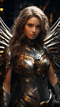 Saint Archangel Michael as woman, with large white and golden wings, a powerful and strong body. AI Generative
