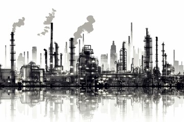 Silhouette of oil refinery or chemical plant featured in a detailed raster illustration on a grey background. Generative AI - obrazy, fototapety, plakaty