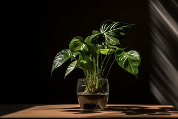 Green plant in vase on table. Philodendron. Generative AI