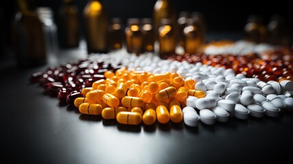White, orange and red medications and pills arranged on a dark table. copy space. generated with ai