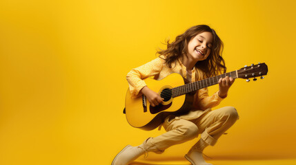 Fototapeta premium Teenage girl playing guitar on yellow background