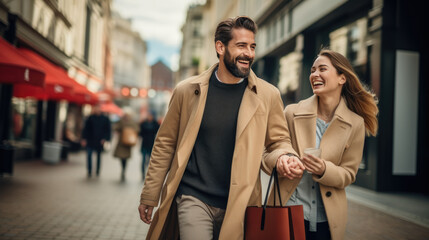 Young couple is walking down the street with bags while shopping - obrazy, fototapety, plakaty