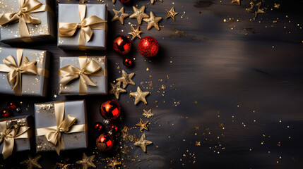 Naklejka premium Illustration of festive gift boxes decorated with multicolored silk ribbons, surrounded by stylish Christmas decorations, stars, snowflakes on a soft background. Generative AI