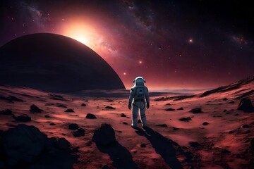 A lone astronaut exploring a mysterious exoplanet's surface, bathed in the glow of a distant galaxy. - obrazy, fototapety, plakaty