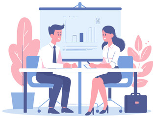 Man and Woman discuss business plan together, a presentation board behind them, Flat vector illustration