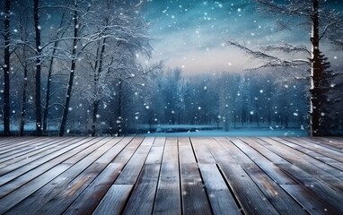 Winter background with snowy forest and blank wooden plank, generative ai.