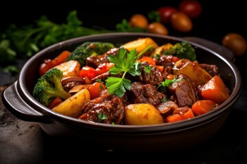 Tender Beef stew vegetables sauce. Meal recipe. Generate Ai
