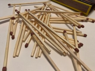 Picture of scattered match sticks and matchbox in background