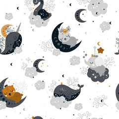 Dreamy baby animals seamless pattern, Celestial whale and magic swan. Sleeping rabbit and bear on clouds textile design. - 661949777
