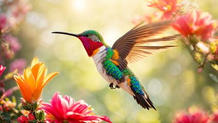 Fototapeta premium Beautiful hummingbird bird, flowers