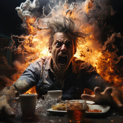 person burning on a table. Burst. fire. angry person. burnout