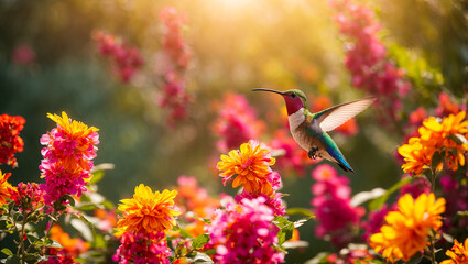 Beautiful hummingbird bird, flowers