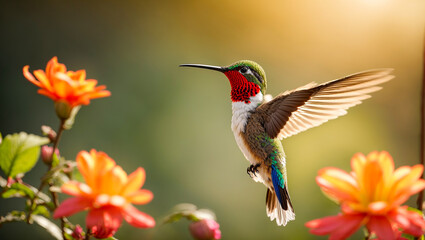 Fototapeta premium Beautiful hummingbird bird, flowers