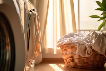 A contemporary laundry basket delicately perched on a sleek rack, positioned gracefully beside a modern washing machine