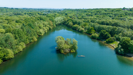 Fototapeta premium Lake and forest. Aerial view of animals swimming in the lake. A drone-captured lake and forest scenery