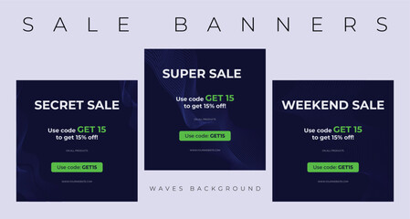 Sale square banners offer discount with waves backgrounds