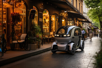 Fototapeta na wymiar small electric and technological car for urban mobility. circulates along a pedestrian street in a city where cafes and restaurants abound