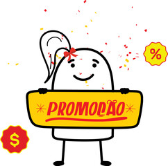 Thumb man. Text "promoção" promotion or sale in portuguese Brazil.Charcter emotional. New set of characters in the style of meme flork.