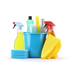 Detergent and equipment for the cleaning isolated on the white background, household concept