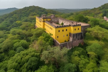 Fototapeta na wymiar Impressive stronghold amidst towering yellow walls, enclosed by abundant greenery. Generative AI