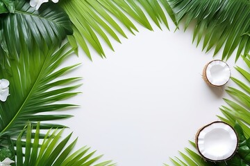 A vibrant flat lay of feminine summer accessories, interspersed with lush green foliage and a coconut half, effortlessly conjuring a tropical aura with generous empty space for a breezy, summer vibe.